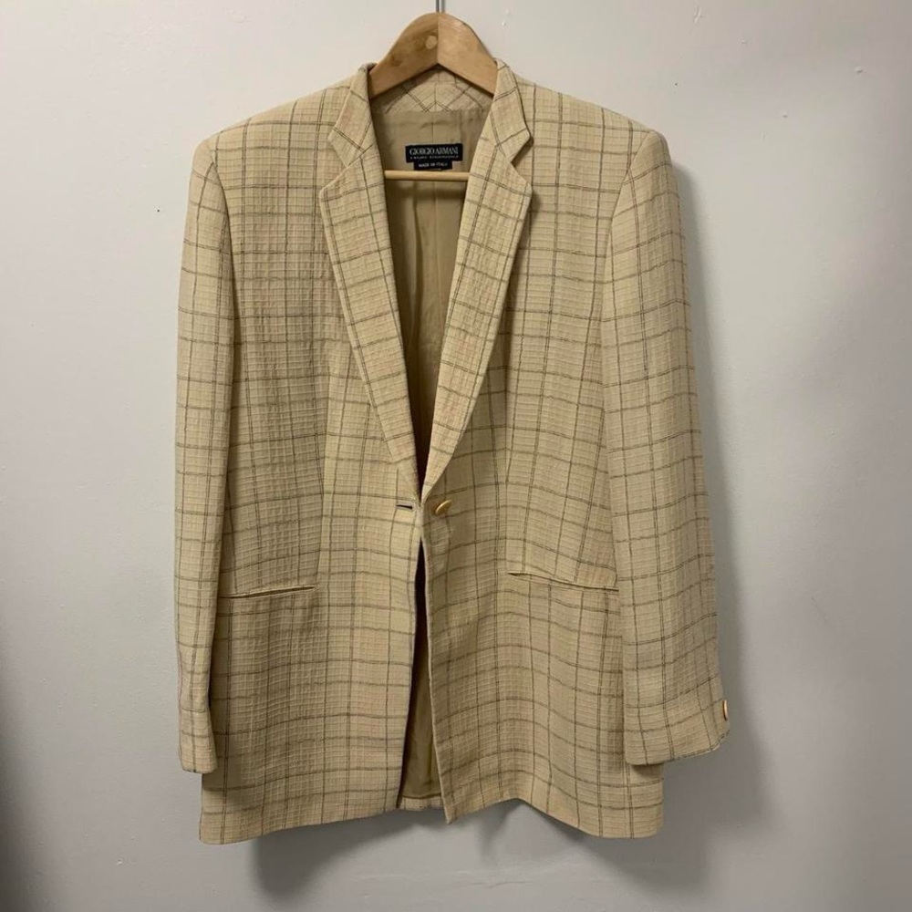 Giorgio Armani Vintage Black Label Beige Windowpane Blazer Size 10